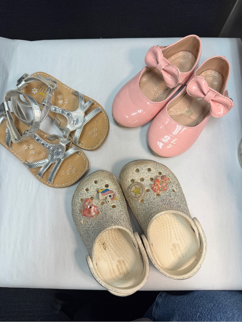 CROCS Kids Glitter Silver Clogs, Silver Sandals & Pink Mary Janes Set